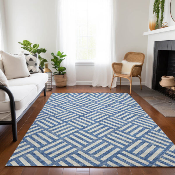 9' X 12' Blue And Ivory Geometric Washable Indoor Outdoor Area Rug