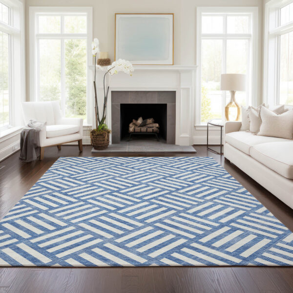 9' X 12' Blue And Ivory Geometric Washable Indoor Outdoor Area Rug