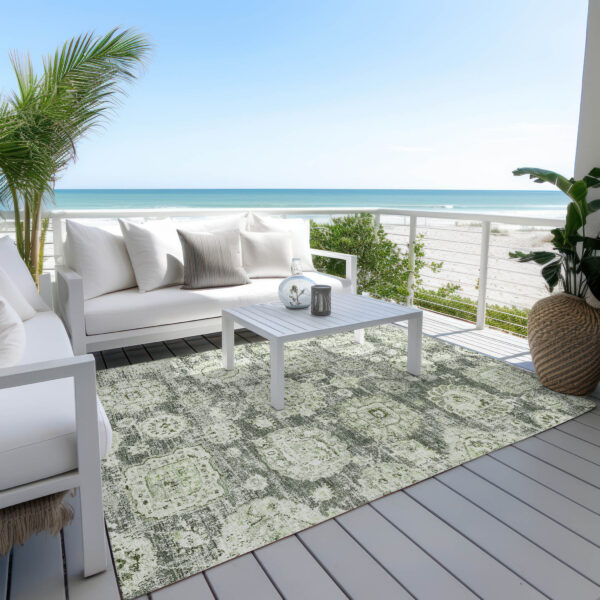 5' X 8' Artichoke Green And Olive Green Floral Washable Indoor Outdoor Area Rug