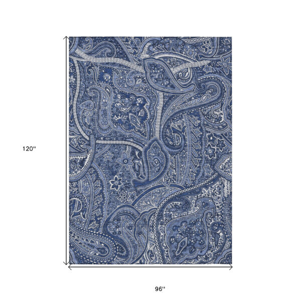 8' X 10' Navy Blue And Sky Blue Paisley Washable Indoor Outdoor Area Rug