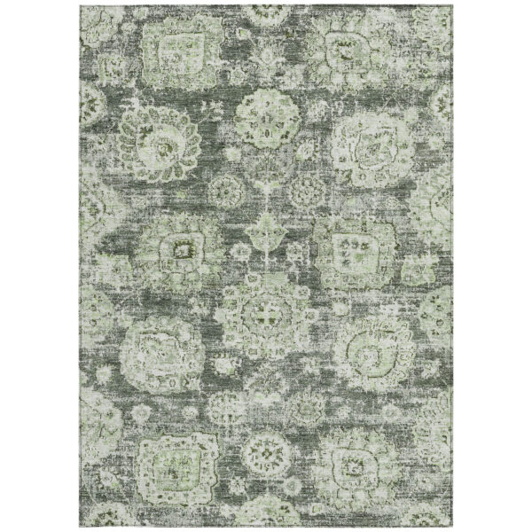5' X 8' Artichoke Green And Olive Green Floral Washable Indoor Outdoor Area Rug