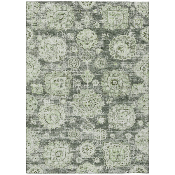 5' X 8' Artichoke Green And Olive Green Floral Washable Indoor Outdoor Area Rug