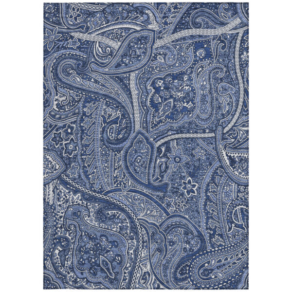 8' X 10' Navy Blue And Sky Blue Paisley Washable Indoor Outdoor Area Rug