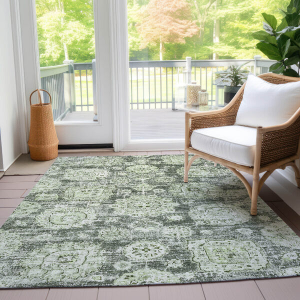 5' X 8' Artichoke Green And Olive Green Floral Washable Indoor Outdoor Area Rug