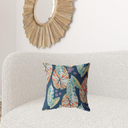 18” Orange Blue Tropical Leaf Zippered Suede Throw Pillow