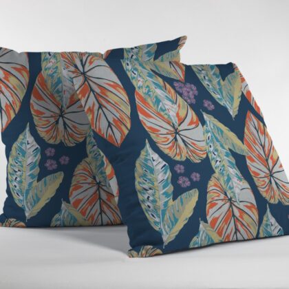 18” Orange Blue Tropical Leaf Zippered Suede Throw Pillow