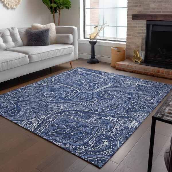 8' X 10' Navy Blue And Sky Blue Paisley Washable Indoor Outdoor Area Rug