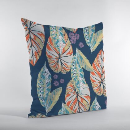 18” Orange Blue Tropical Leaf Zippered Suede Throw Pillow