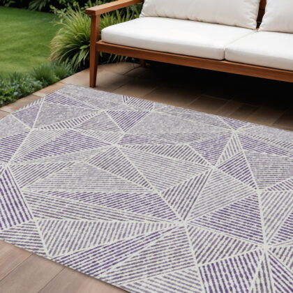 10' X 14' Purple Lilac And Silver Geometric Washable Indoor Outdoor Area Rug