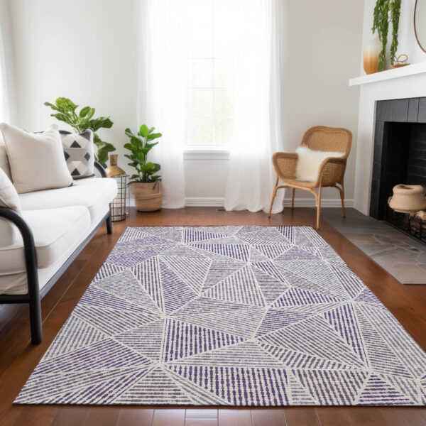 10' X 14' Purple Lilac And Silver Geometric Washable Indoor Outdoor Area Rug