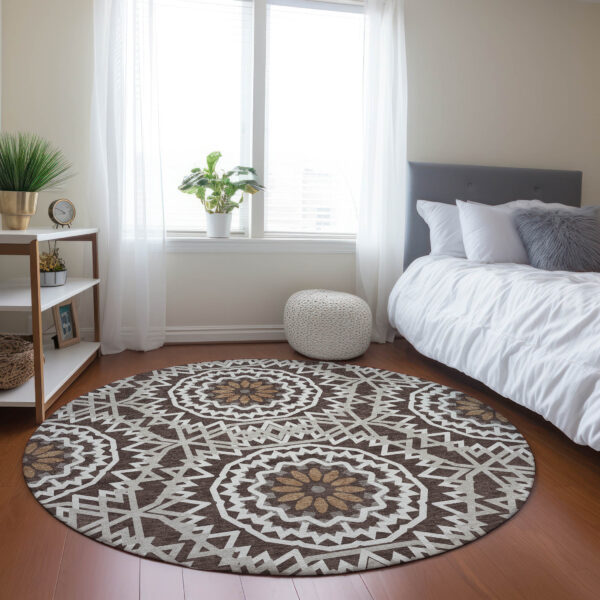 8' Chocolate Ivory And Taupe Round Floral Medallion Washable Indoor Outdoor Area Rug