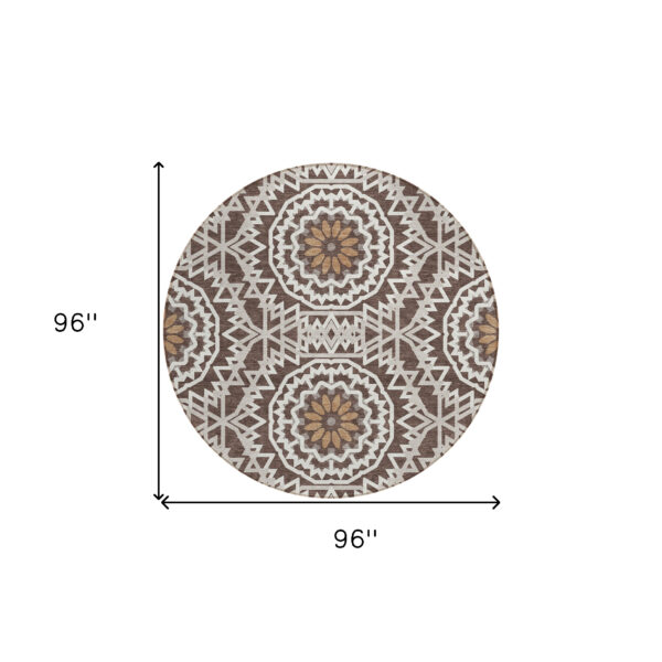 8' Chocolate Ivory And Taupe Round Floral Medallion Washable Indoor Outdoor Area Rug
