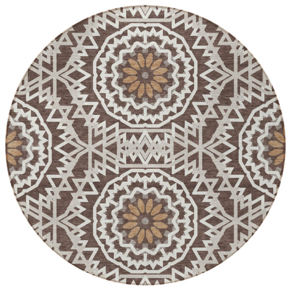 8' Chocolate Ivory And Taupe Round Floral Medallion Washable Indoor Outdoor Area Rug