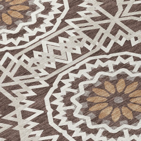 8' Chocolate Ivory And Taupe Round Floral Medallion Washable Indoor Outdoor Area Rug
