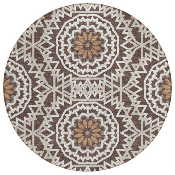 8' Chocolate Ivory And Taupe Round Floral Medallion Washable Indoor Outdoor Area Rug