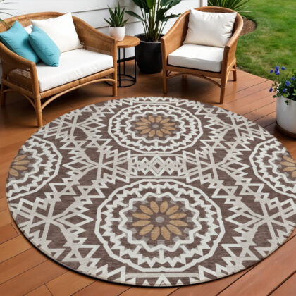 8' Chocolate Ivory And Taupe Round Floral Medallion Washable Indoor Outdoor Area Rug