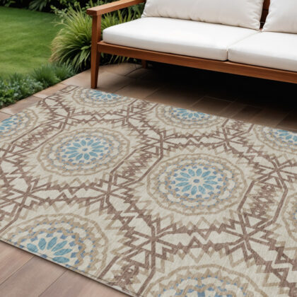 8' X 10' Khaki Brown And Taupe Floral Medallion Washable Indoor Outdoor Area Rug