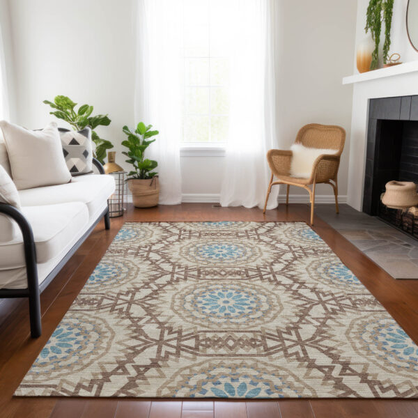 8' X 10' Khaki Brown And Taupe Floral Medallion Washable Indoor Outdoor Area Rug