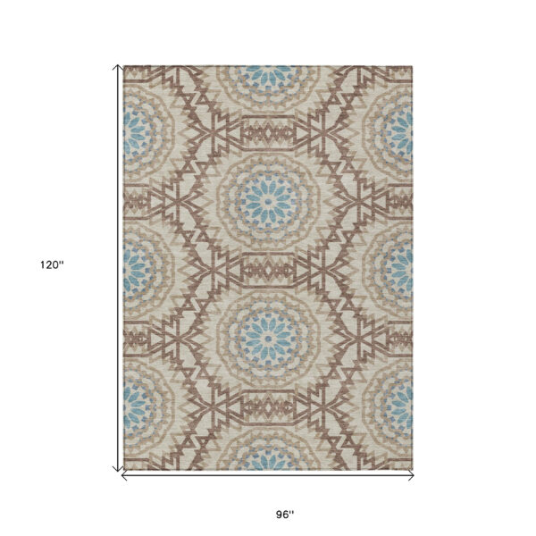 8' X 10' Khaki Brown And Taupe Floral Medallion Washable Indoor Outdoor Area Rug