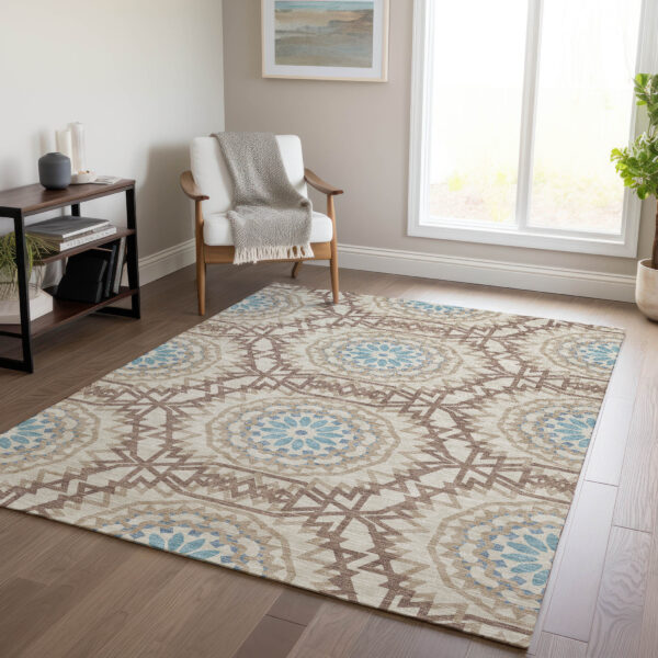 8' X 10' Khaki Brown And Taupe Floral Medallion Washable Indoor Outdoor Area Rug
