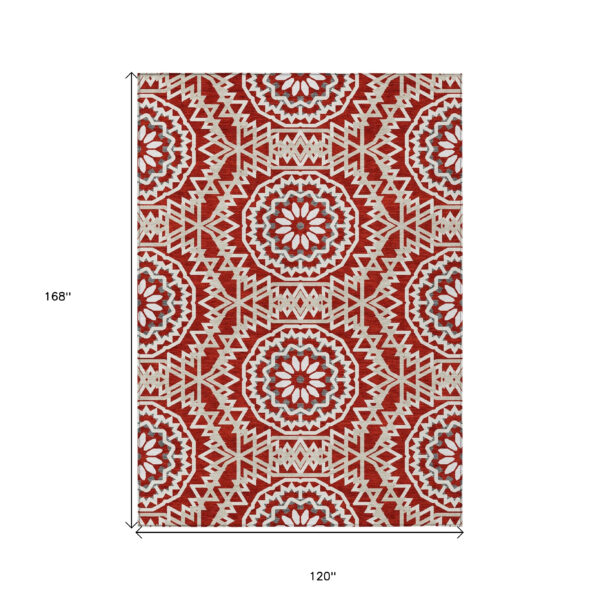 10' X 14' Red Beige And Ivory Floral Medallion Washable Indoor Outdoor Area Rug