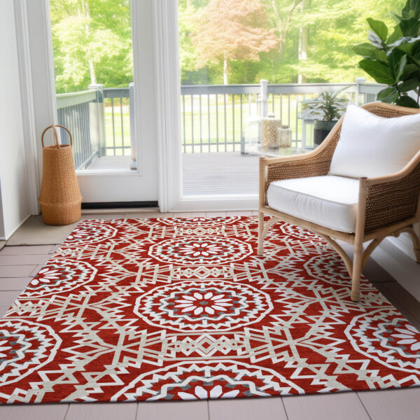 10' X 14' Red Beige And Ivory Floral Medallion Washable Indoor Outdoor Area Rug
