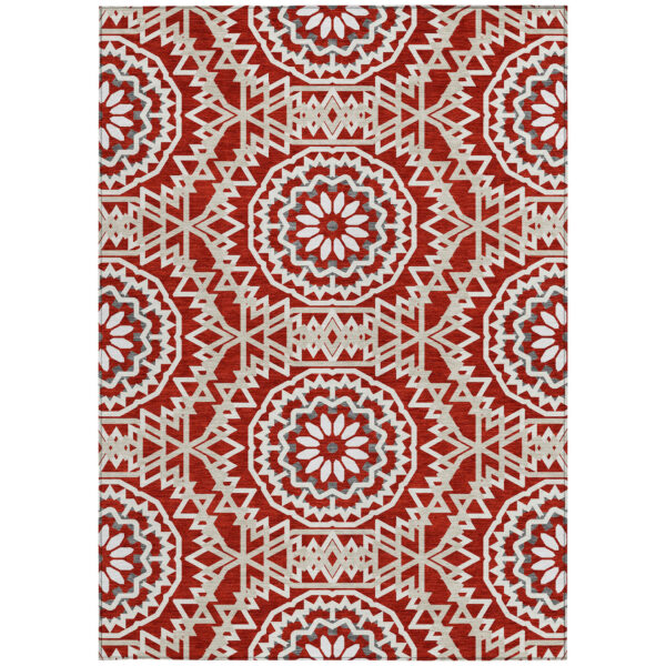 10' X 14' Red Beige And Ivory Floral Medallion Washable Indoor Outdoor Area Rug