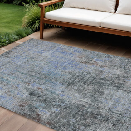 10' X 14' Gray Charcoal And Blue Abstract Washable Indoor Outdoor Area Rug