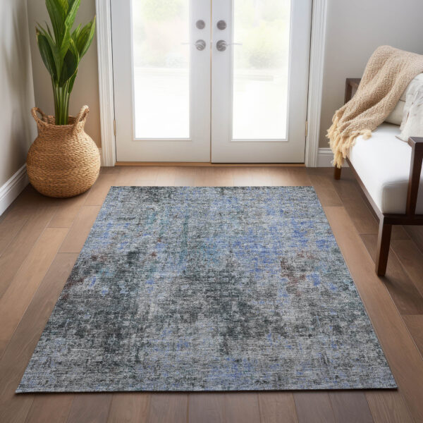 10' X 14' Gray Charcoal And Blue Abstract Washable Indoor Outdoor Area Rug