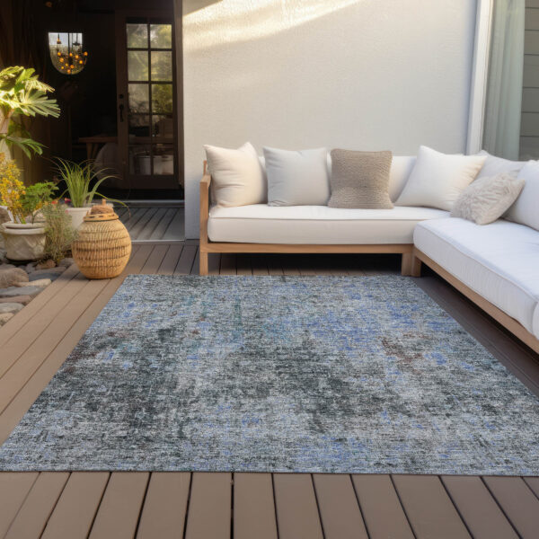 10' X 14' Gray Charcoal And Blue Abstract Washable Indoor Outdoor Area Rug