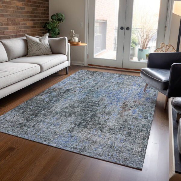 10' X 14' Gray Charcoal And Blue Abstract Washable Indoor Outdoor Area Rug