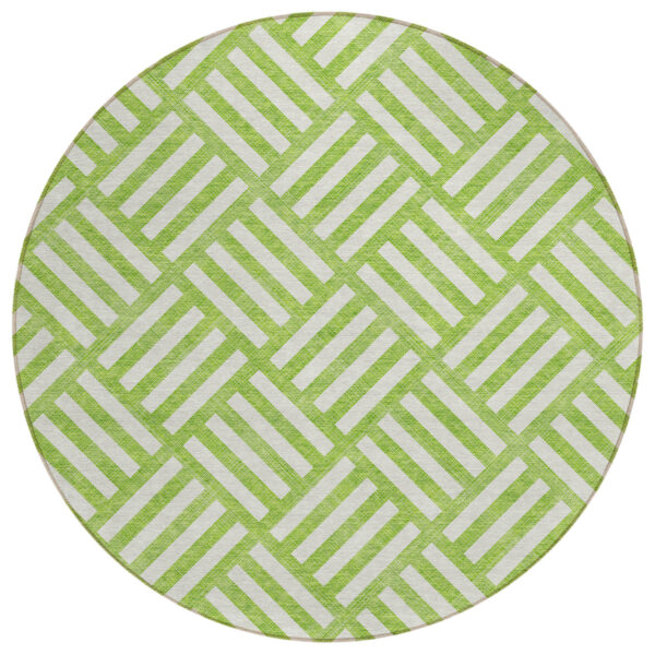8' Lime Green And Ivory Round Geometric Washable Indoor Outdoor Area Rug