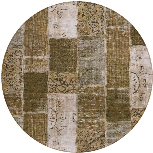 8' Brown And Ivory Round Patchwork Washable Indoor Outdoor Area Rug