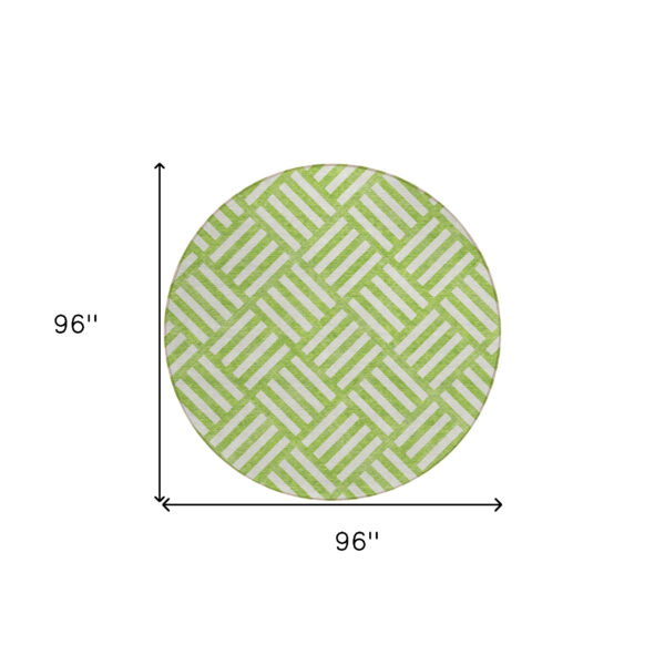 8' Lime Green And Ivory Round Geometric Washable Indoor Outdoor Area Rug
