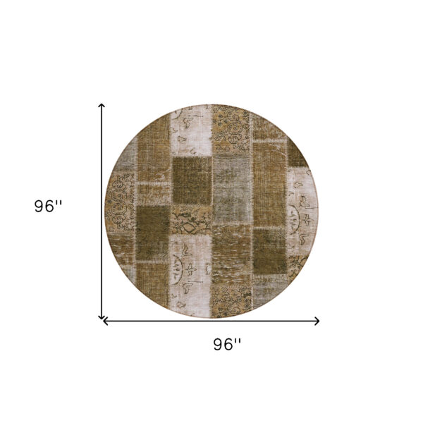 8' Brown And Ivory Round Patchwork Washable Indoor Outdoor Area Rug