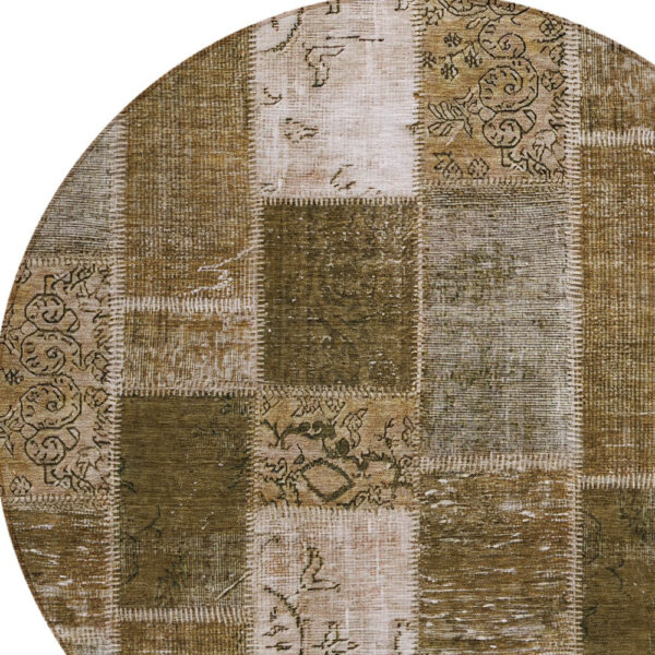 8' Brown And Ivory Round Patchwork Washable Indoor Outdoor Area Rug