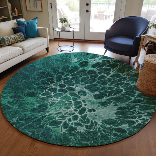 8' Teal Blue Aqua And Turquoise Round Abstract Washable Indoor Outdoor Area Rug