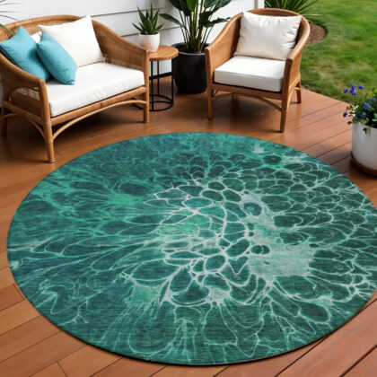 8' Teal Blue Aqua And Turquoise Round Abstract Washable Indoor Outdoor Area Rug