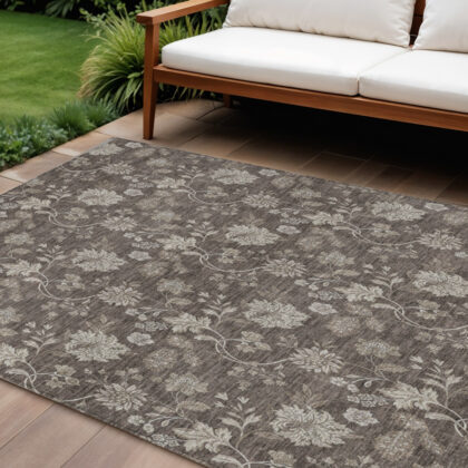 8' X 10' Chocolate Beige And Taupe Floral Washable Indoor Outdoor Area Rug