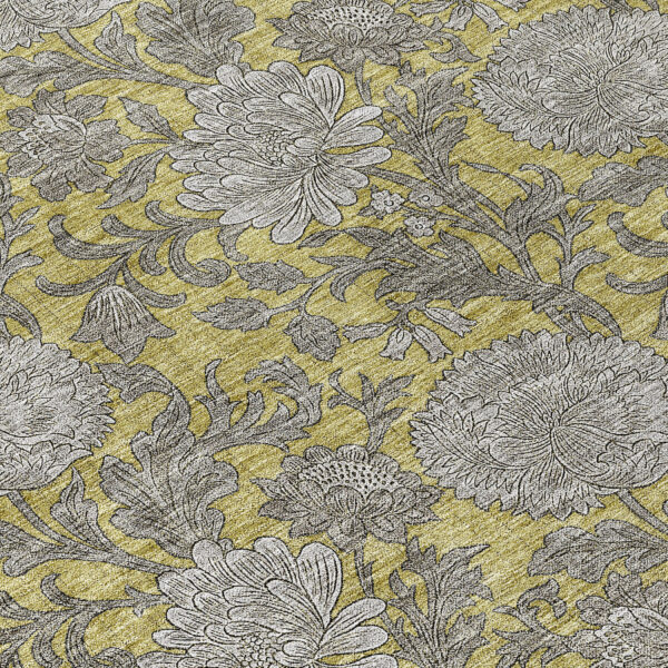 8' Gold Gray And Charcoal Round Floral Washable Indoor Outdoor Area Rug