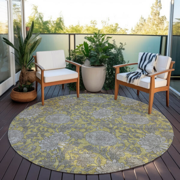 8' Gold Gray And Charcoal Round Floral Washable Indoor Outdoor Area Rug