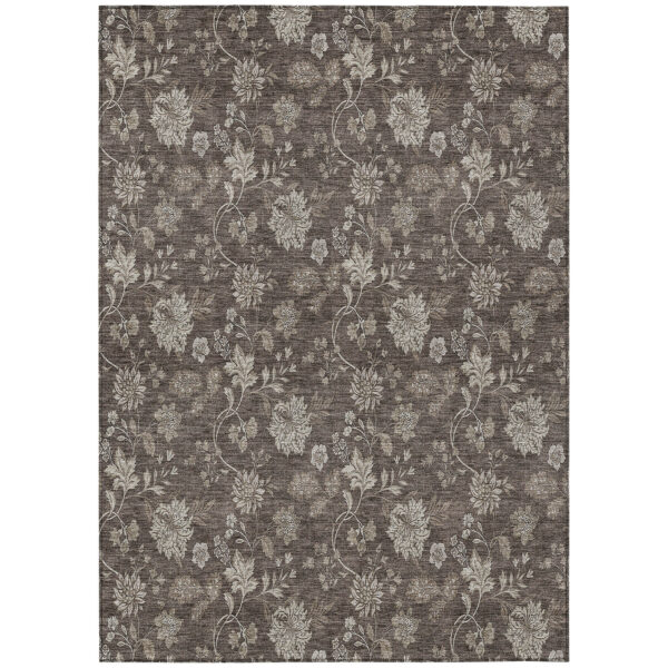 8' X 10' Chocolate Beige And Taupe Floral Washable Indoor Outdoor Area Rug