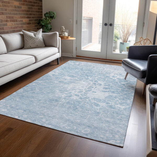 8' X 10' Sky Blue And Denim Blue Abstract Washable Indoor Outdoor Area Rug
