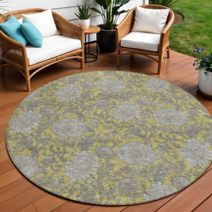 8' Gold Gray And Charcoal Round Floral Washable Indoor Outdoor Area Rug