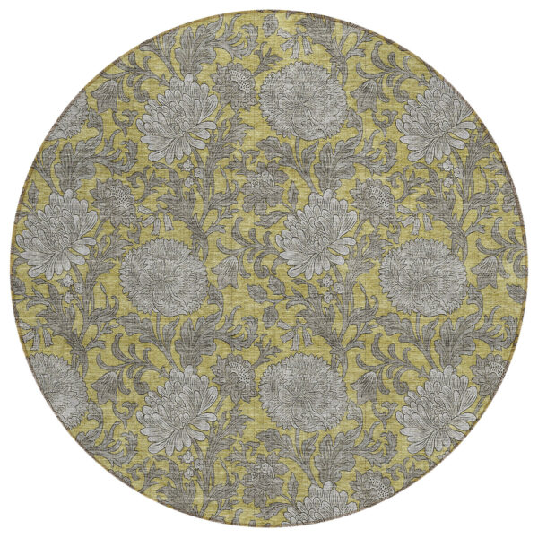 8' Gold Gray And Charcoal Round Floral Washable Indoor Outdoor Area Rug