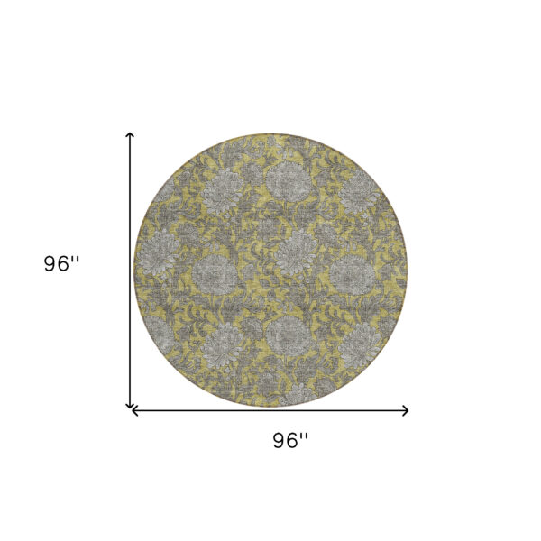8' Gold Gray And Charcoal Round Floral Washable Indoor Outdoor Area Rug