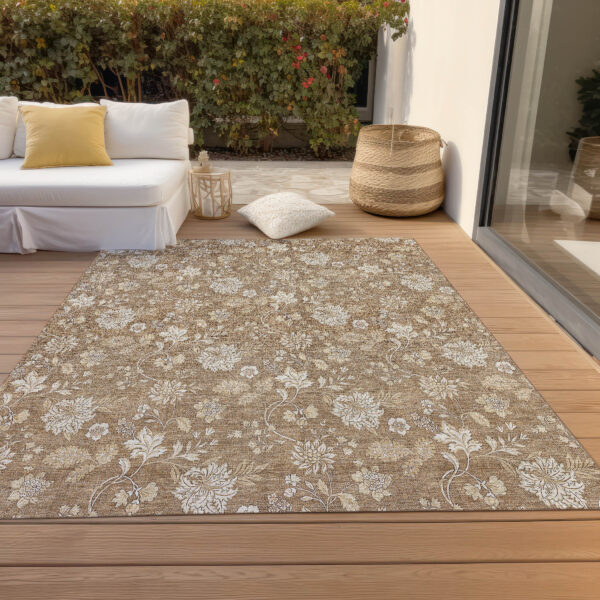 9' X 12' Copper And Beige Floral Washable Indoor Outdoor Area Rug
