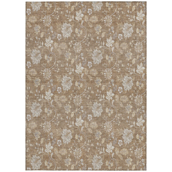 9' X 12' Copper And Beige Floral Washable Indoor Outdoor Area Rug