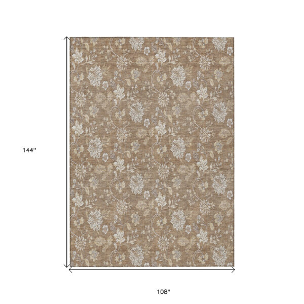9' X 12' Copper And Beige Floral Washable Indoor Outdoor Area Rug