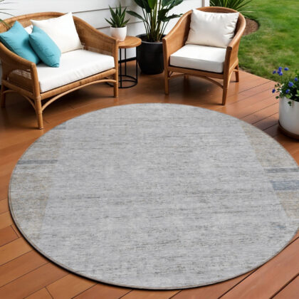 8' Taupe Beige And Blue Round Geometric Washable Indoor Outdoor Area Rug